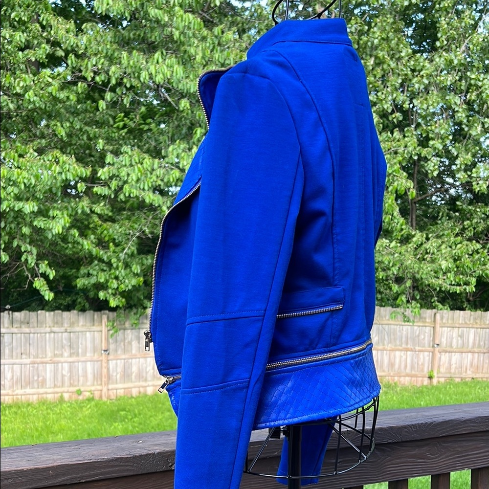 Cute Vintage Biker Retro Bold Blue Blazer with High Collar Slim Fit Faux Leather - Picture 11 of 16
